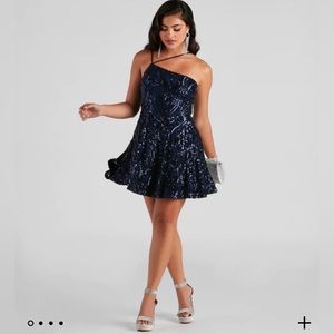 windsor One-Shoulder Sequin Party Dress in navy blue